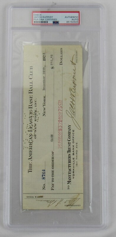 Jacob Ruppert Signed Auto Autograph Check PSA/DNA Encapsulated