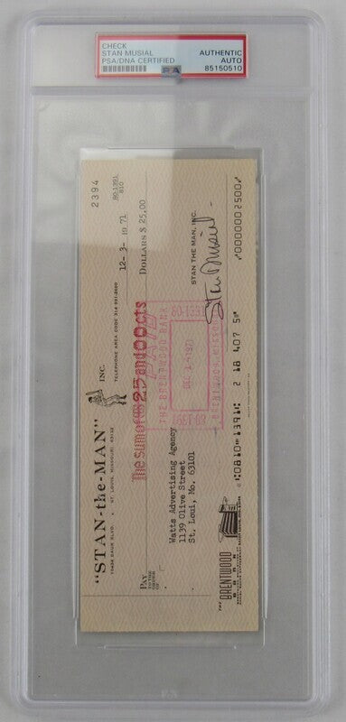 Stan Musial Signed Auto Autograph Cancelled Check Dated 12/5/71 PSA/DNA Encapsulated