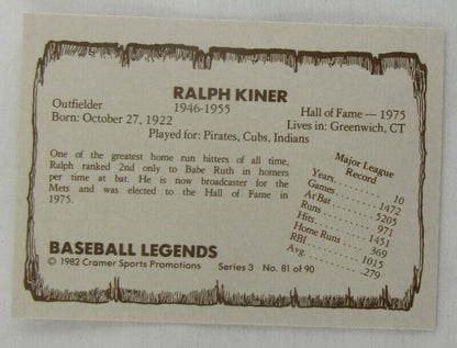 1982 Baseball ledgends Cramer Ralph Kiner Signed Auto Autograph Card