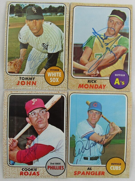 Lot Of 4 Signed 1968 Topps Cards Tommy John Rick Monday Cookie Rojas Al Spangler