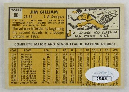 1963 Topps Jim Gilliam Signed Auto Autographed Card JSA AS04824