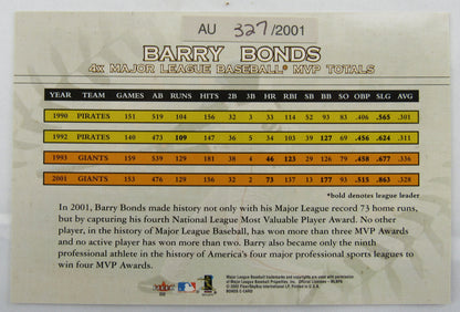 2002 Fleer Barry Bonds Auto 267/2001 4-X MVP Jumbo Card 327/2000