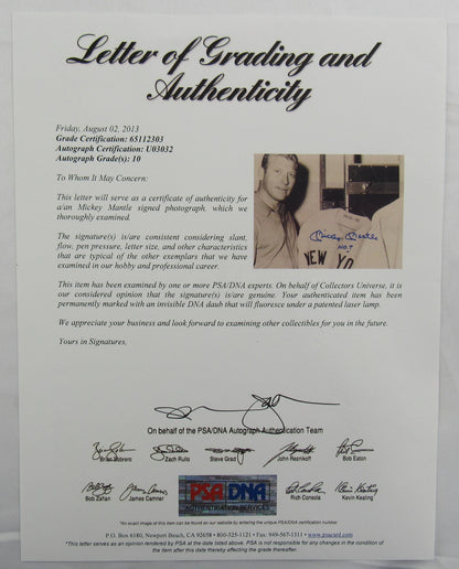 Mickey Mantle Signed Auto 11x14 Photo PSA/DNA LOA U03032