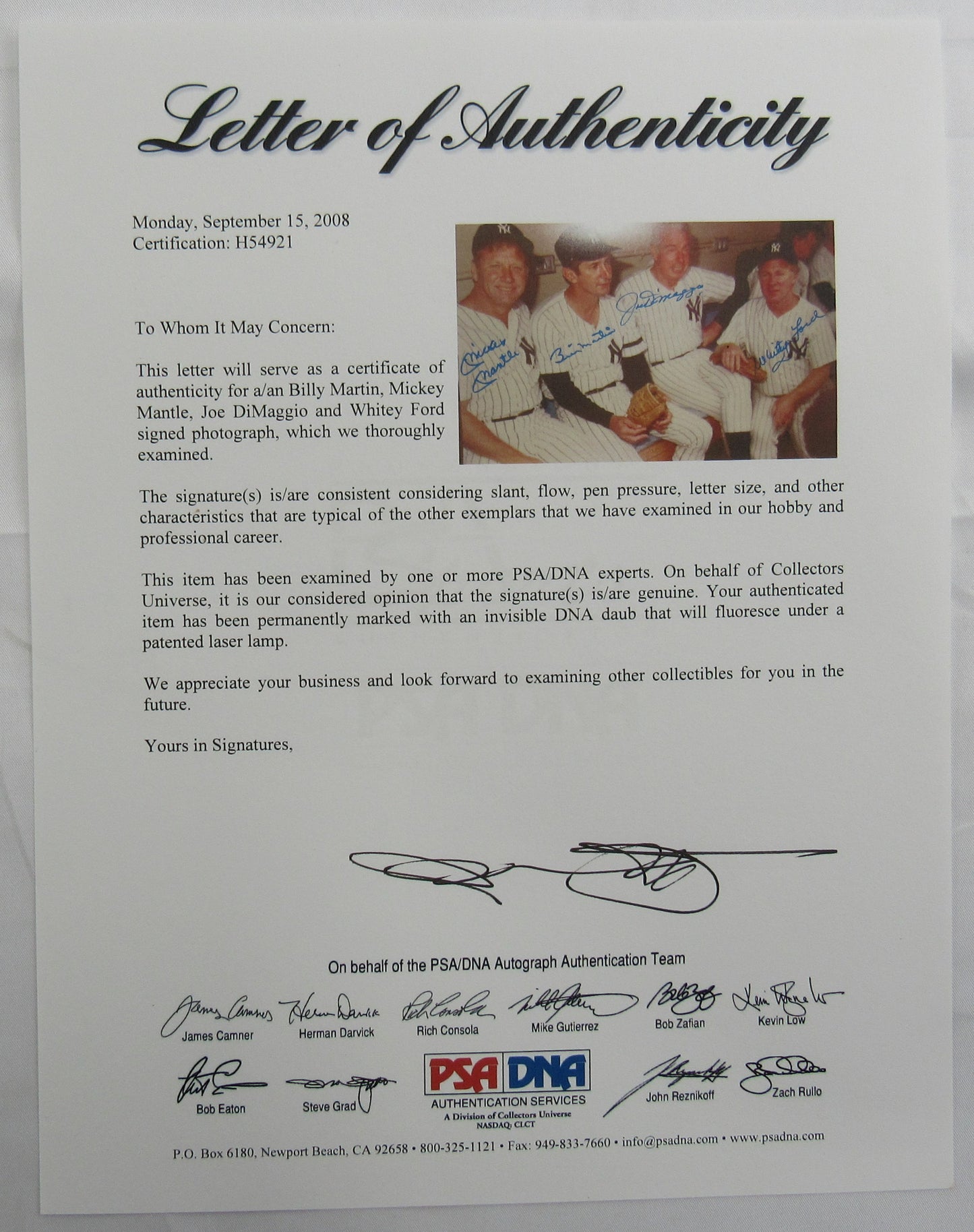 Mickey Mantle Joe DiMaggio Whitey Ford Billy Martin  Signed Auto 11x14 Photo PSA/DNA LOA H54921