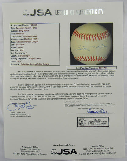 Billy Martin Signed Auto Rawlings Baseball JSA LOA ZZ77763