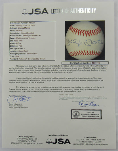 Mickey Mantle Signed Auto Rawlings Baseball JSA LOA ZZ77765