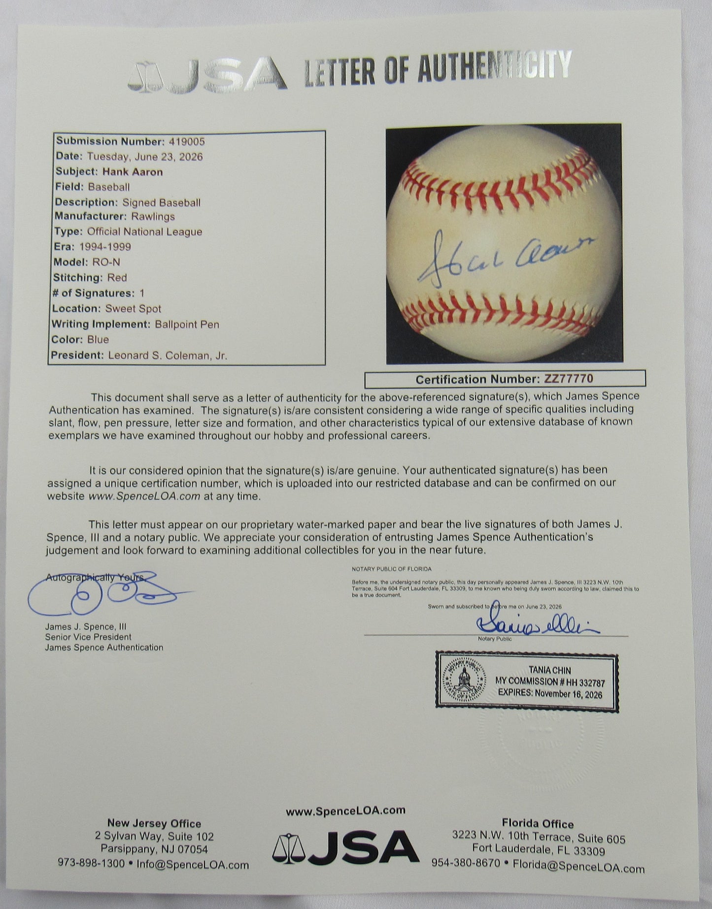 Hank Aaron Signed Auto Rawlings Baseball JSA LOA ZZ77770