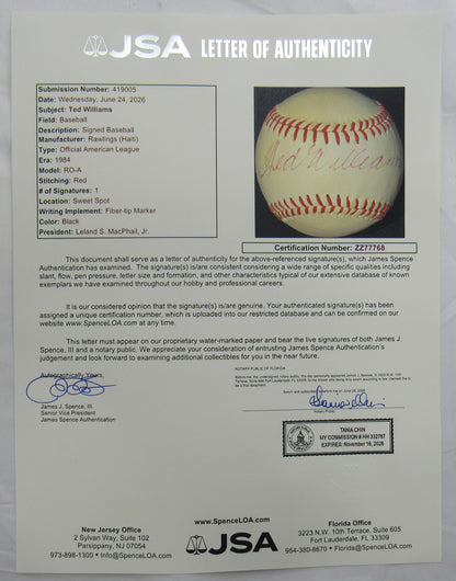 Ted Williams Signed Auto Rawlings Baseball JSA LOA ZZ77768