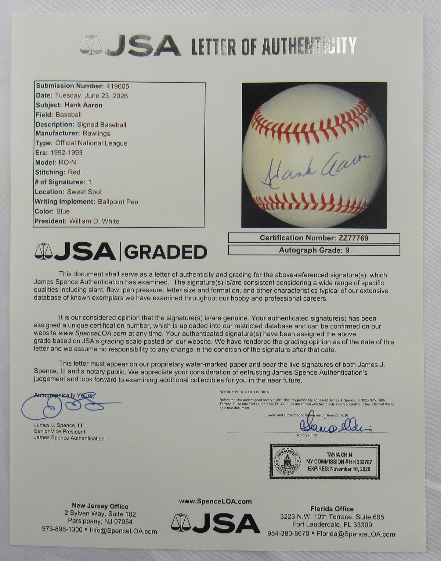 Hank Aaron Signed Auto Rawlings Baseball JSA LOA ZZ77769