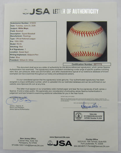 Willie Mays Signed Auto Rawlings Baseball JSA LOA ZZ77772