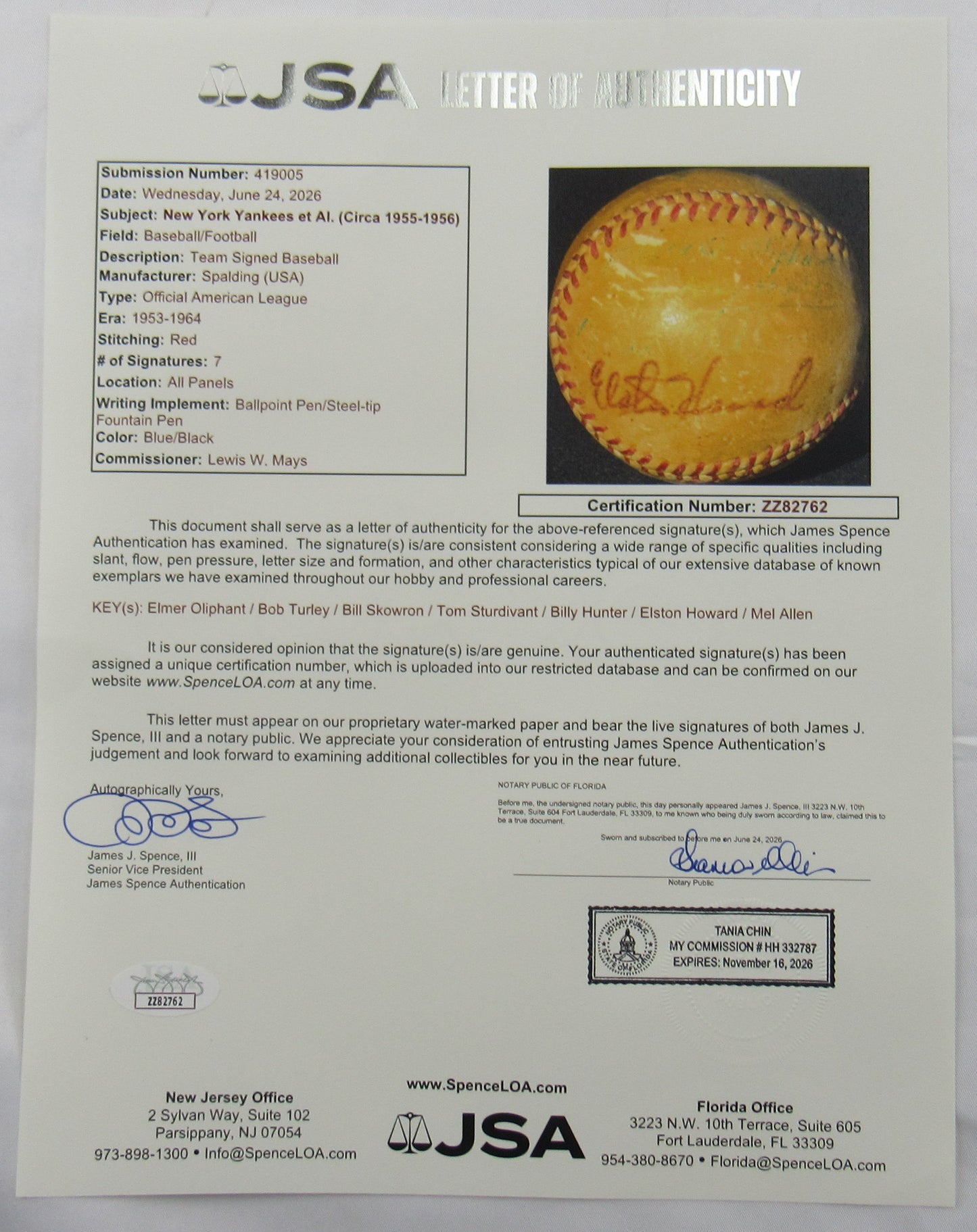 Elmer Oliphant Bob Turley Elston Howard+4 1955-1956 Yankees Team Signed Auto Rawlings Baseball JSA LOA ZZ82762