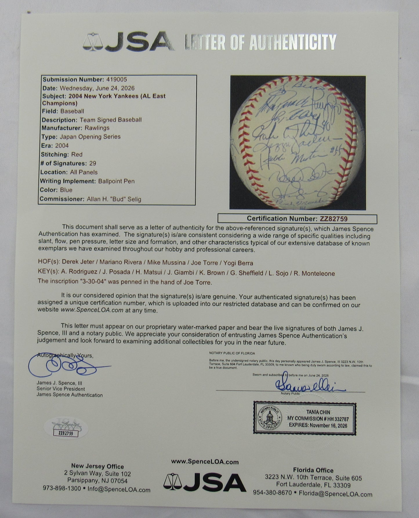 Derek Jeter Mariano Rivera Mike Mussina +23 2004 Yankees Team Signed Auto Rawlings Baseball JSA LOA ZZ82759