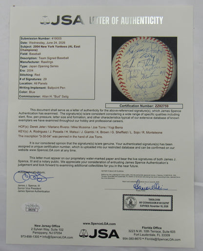 Derek Jeter Mariano Rivera Mike Mussina +23 2004 Yankees Team Signed Auto Rawlings Baseball JSA LOA ZZ82759