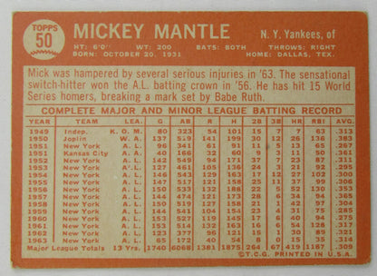 1964 Topps #50 Mickey Mantle VG-EX No Crease - BV $800