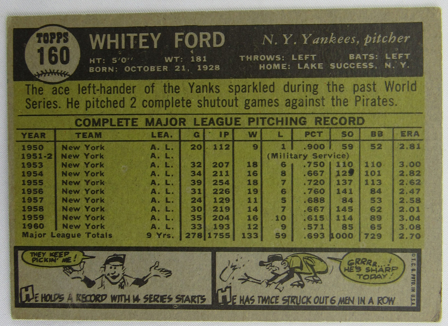 1961 Topps Whitey Ford #160 VG-EX Condition - BV $50