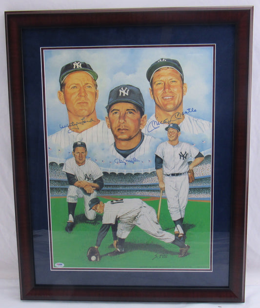 Mickey Mantle Whitey Ford Billy Martin Signed Framed Photo PSA/DNA K77282
