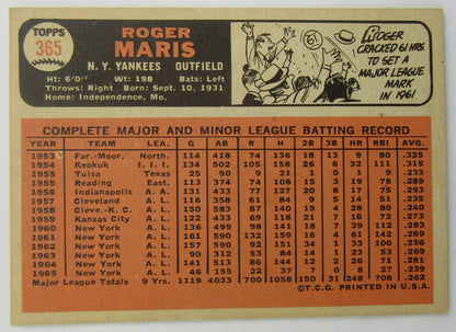 1966 Topps Roger Maris #365 - Near Mint -BV $120