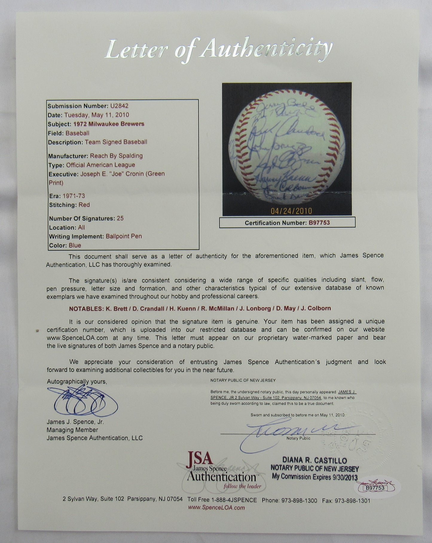 1972 Milwaukee Brewers Del Crandall Signed Rawlings Baseball JSA LOA B97753 (25 Total Signatures)
