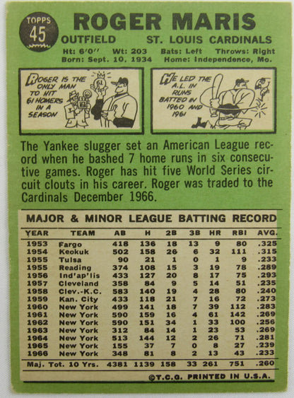 1967 Topps Roger Maris #45 - EX Condition - BV $60