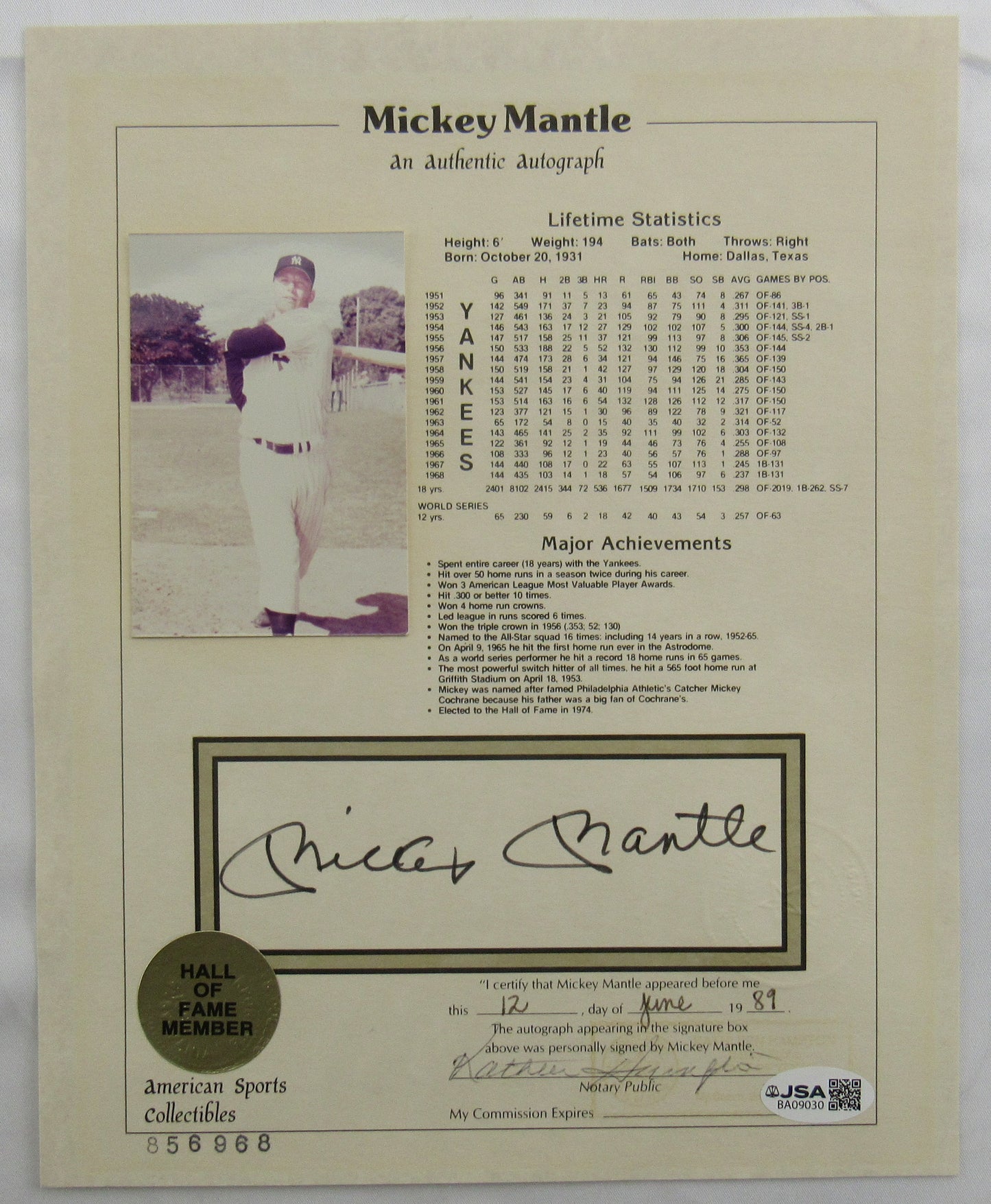 Mickey Mantle Signed 8x10 Photo Stat Sheet JSA BA09030