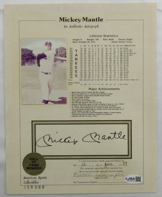 Mickey Mantle Signed 8x10 Photo Stat Sheet JSA BA09030