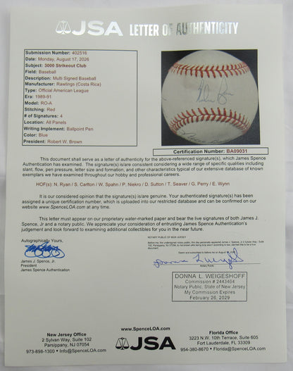 3000 Strikeout Club Signed Rawling Baseball JSA BA09031 Nolan Ryan Steve Carlton Warren Spahn Phil Niekro Don Sutton Tom Seaver Gaylord Perry Early Wynn