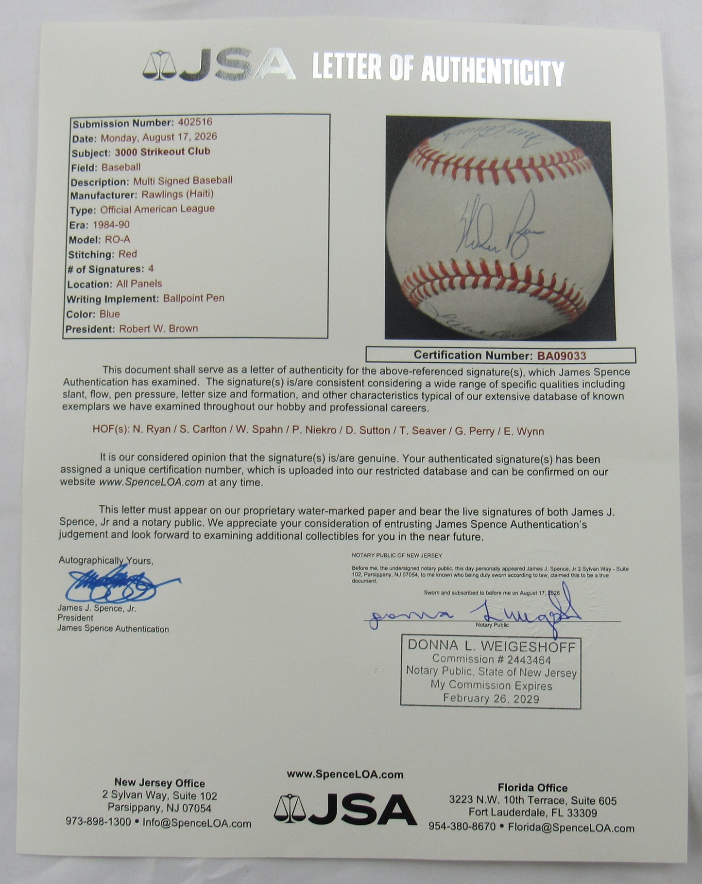 3000 Strikeout Club Signed Rawling Baseball JSA BA09033 Nolan Ryan Steve Carlton Warren Spahn Phil Niekro Don Sutton Tom Seaver Gaylord Perry Early Wynn