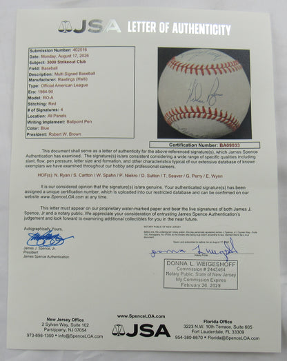 3000 Strikeout Club Signed Rawling Baseball JSA BA09033 Nolan Ryan Steve Carlton Warren Spahn Phil Niekro Don Sutton Tom Seaver Gaylord Perry Early Wynn