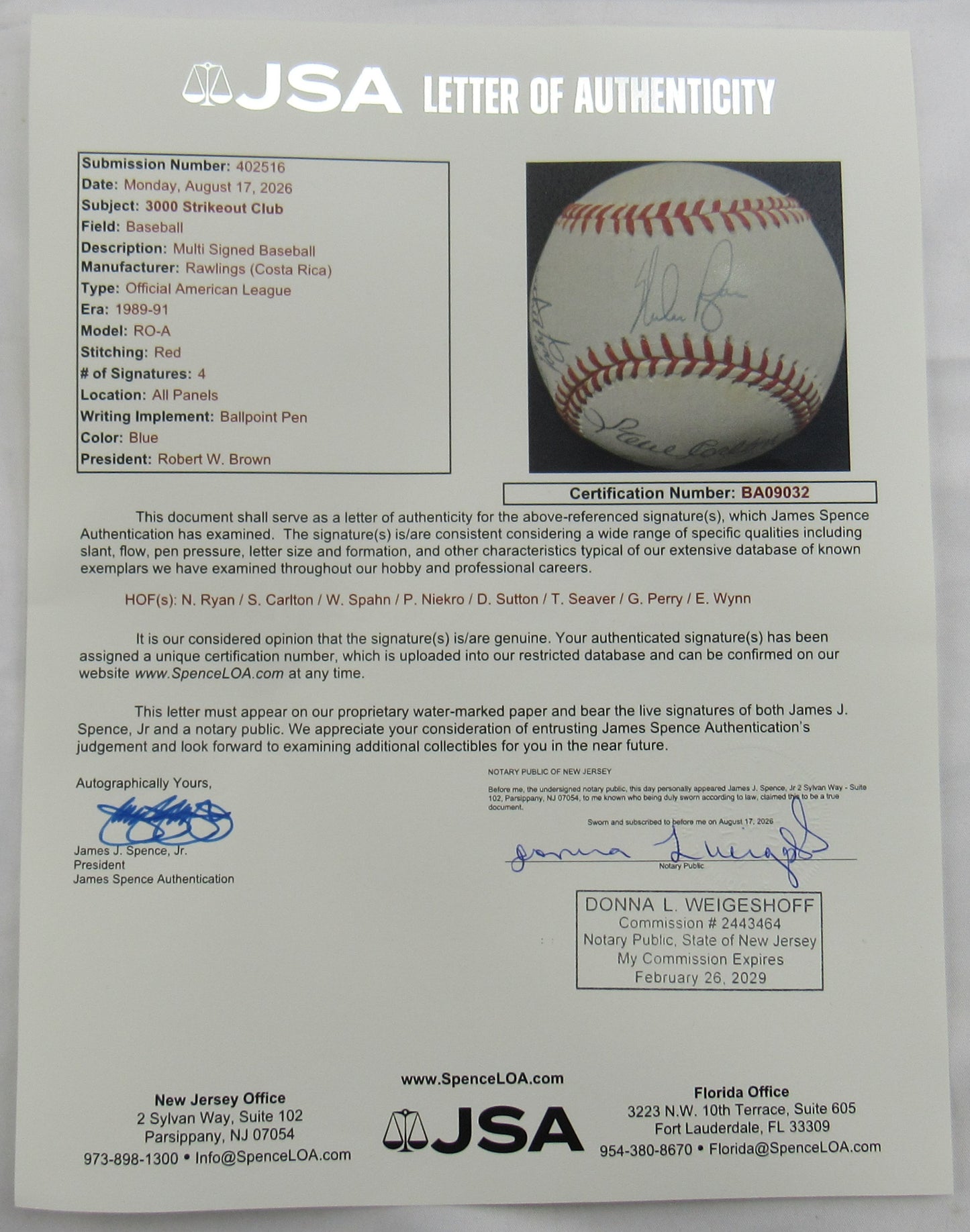 3000 Strikeout Club Signed Rawling Baseball JSA BA09032 Nolan Ryan Steve Carlton Warren Sphan Phil Nekiro Don Sutton Tom Seaver Gaylord Perry Early Wynn