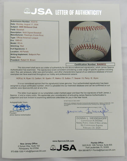 3000 Strikeout Club Signed Rawling Baseball JSA BA09032 Nolan Ryan Steve Carlton Warren Sphan Phil Nekiro Don Sutton Tom Seaver Gaylord Perry Early Wynn