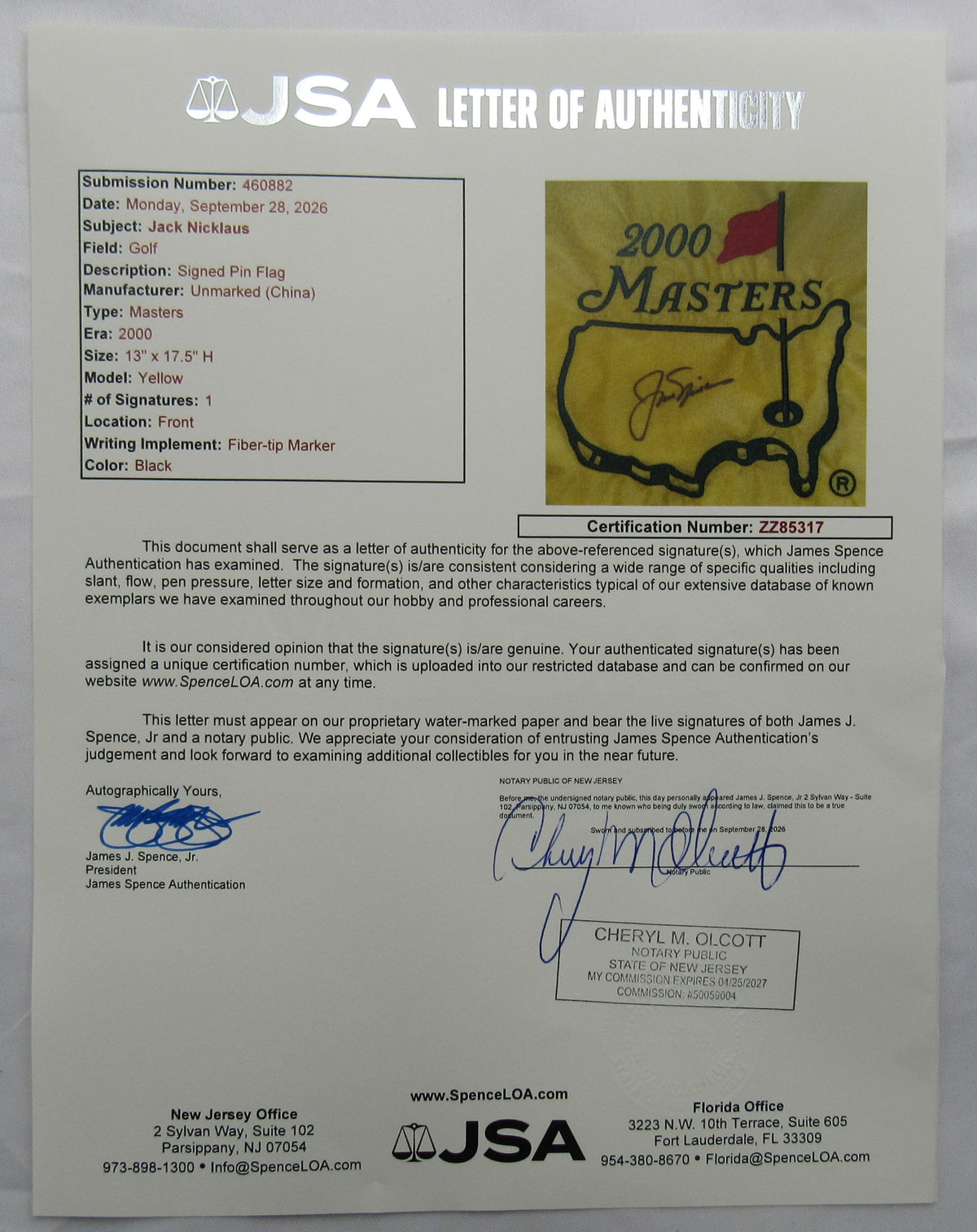 Jack Nicklaus Signed Golf Pin Flag JSA LOA ZZ85317