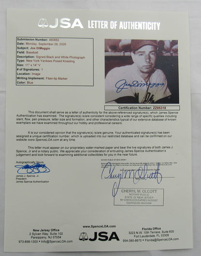 Joe DiMaggio Signed 11x14 Photo JSA LOA ZZ85318
