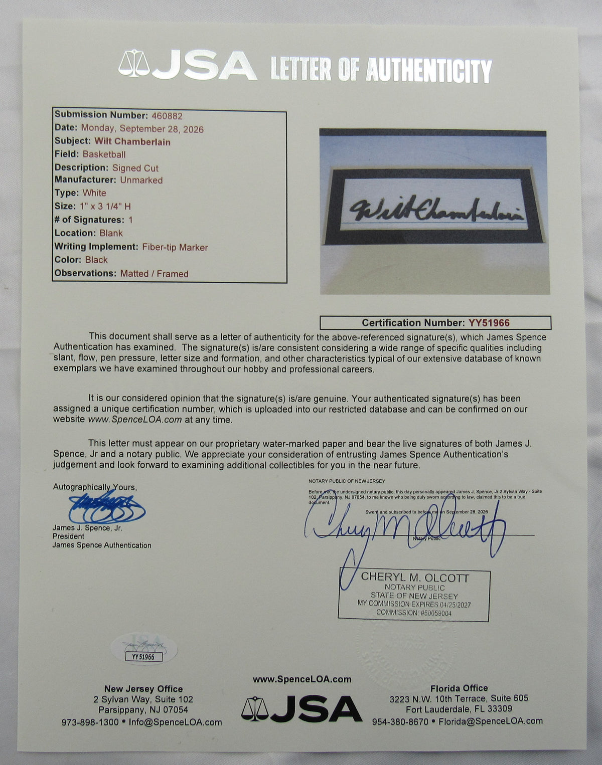 Wilt Chamberlain Signed Framed Cut JSA LOA YY51966