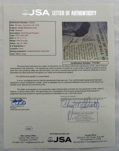 Jackie Robinson Old Timers Day Signed Vintage Paper JSA LOA YY51967