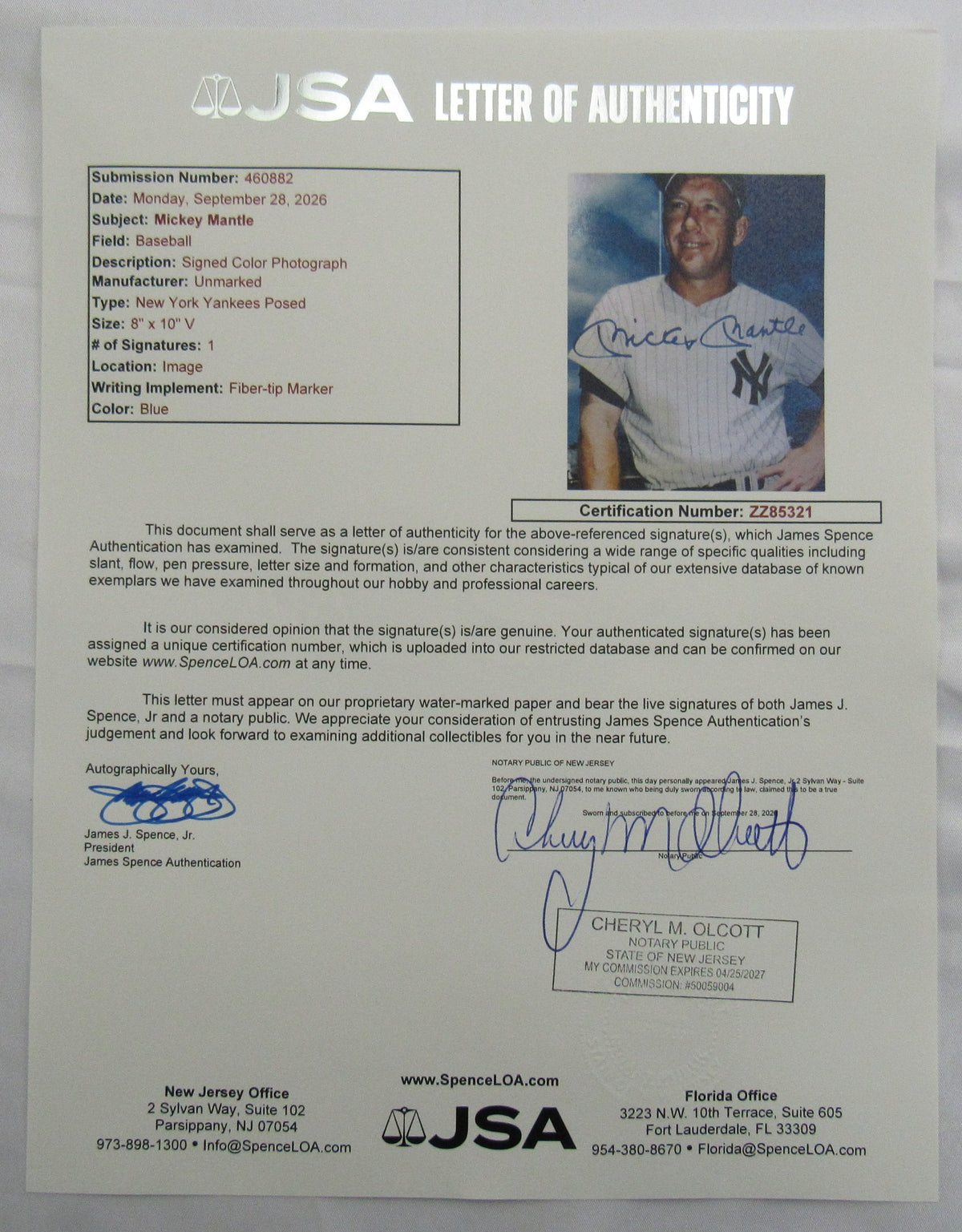 Mickey Mantle Signed 8x10 Photo JSA LOA ZZ85321