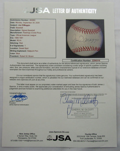 Joe DiMaggio Signed Rawlings Baseball JSA LOA ZZ85316
