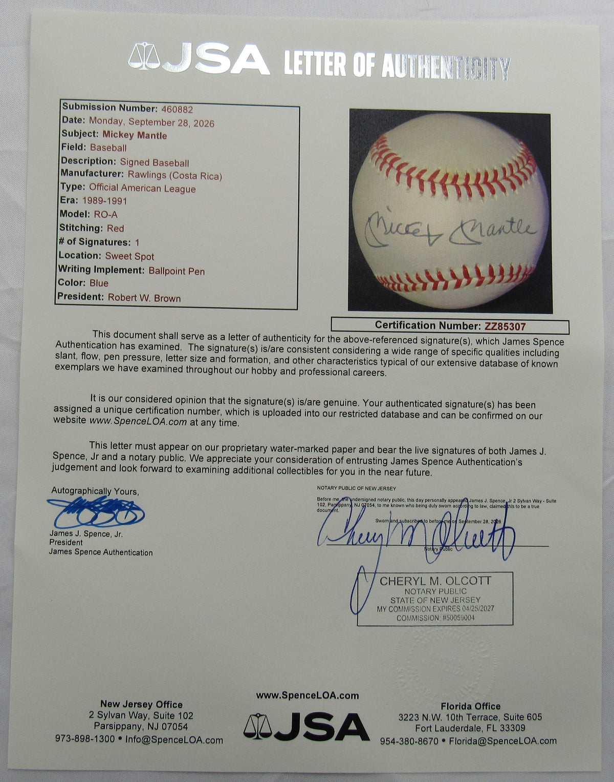 Mickey Mantle Signed Auto Rawlings Baseball JSA LOA ZZ85307