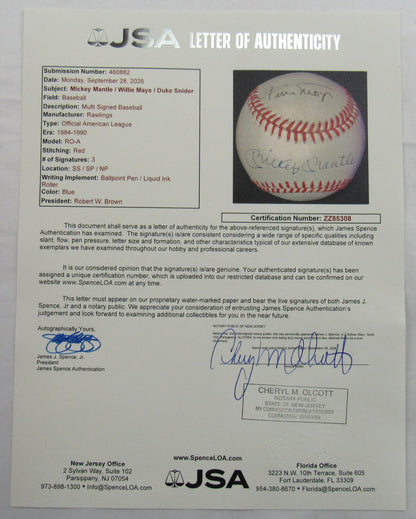Mickey Mantle Willie Mays Duke Snider Signed Auto Rawlings Baseball JSA LOA ZZ85308