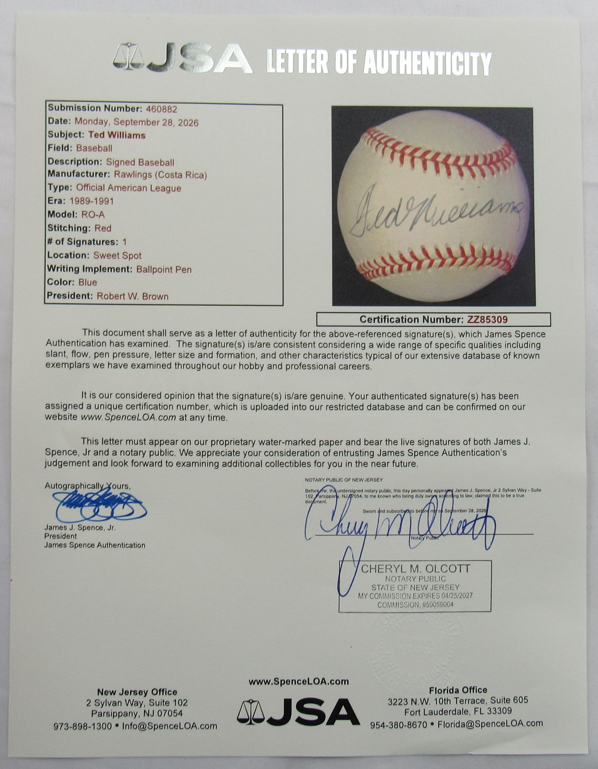 Ted Williams Signed Auto Rawlings Baseball JSA LOA ZZ85309