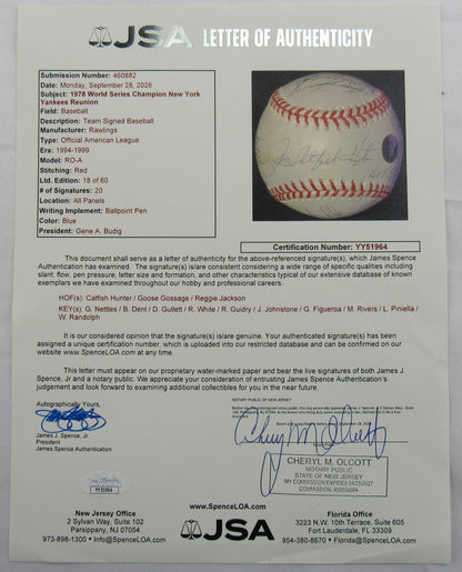 1978 World Series Yankees Signed Auto Rawlings Baseball Reggie Jackson Goose Gossage Catfish Hunter +17 JSA LOA YY51964