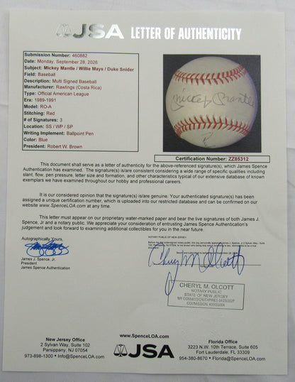 Mickey Mantle Willie Mays Duke Snider Signed Auto Rawlings Baseball JSA LOA ZZ85312