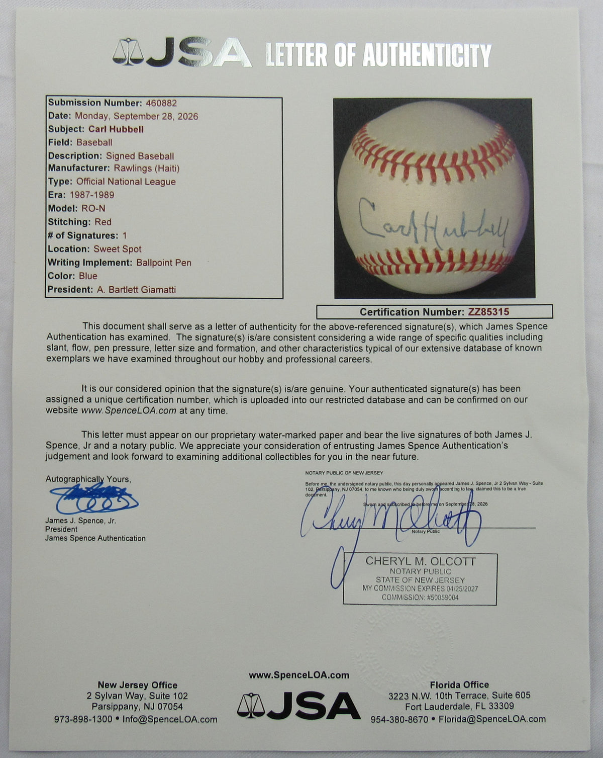 Carl Hubbell Signed Auto Rawlings Baseball JSA LOA ZZ85315