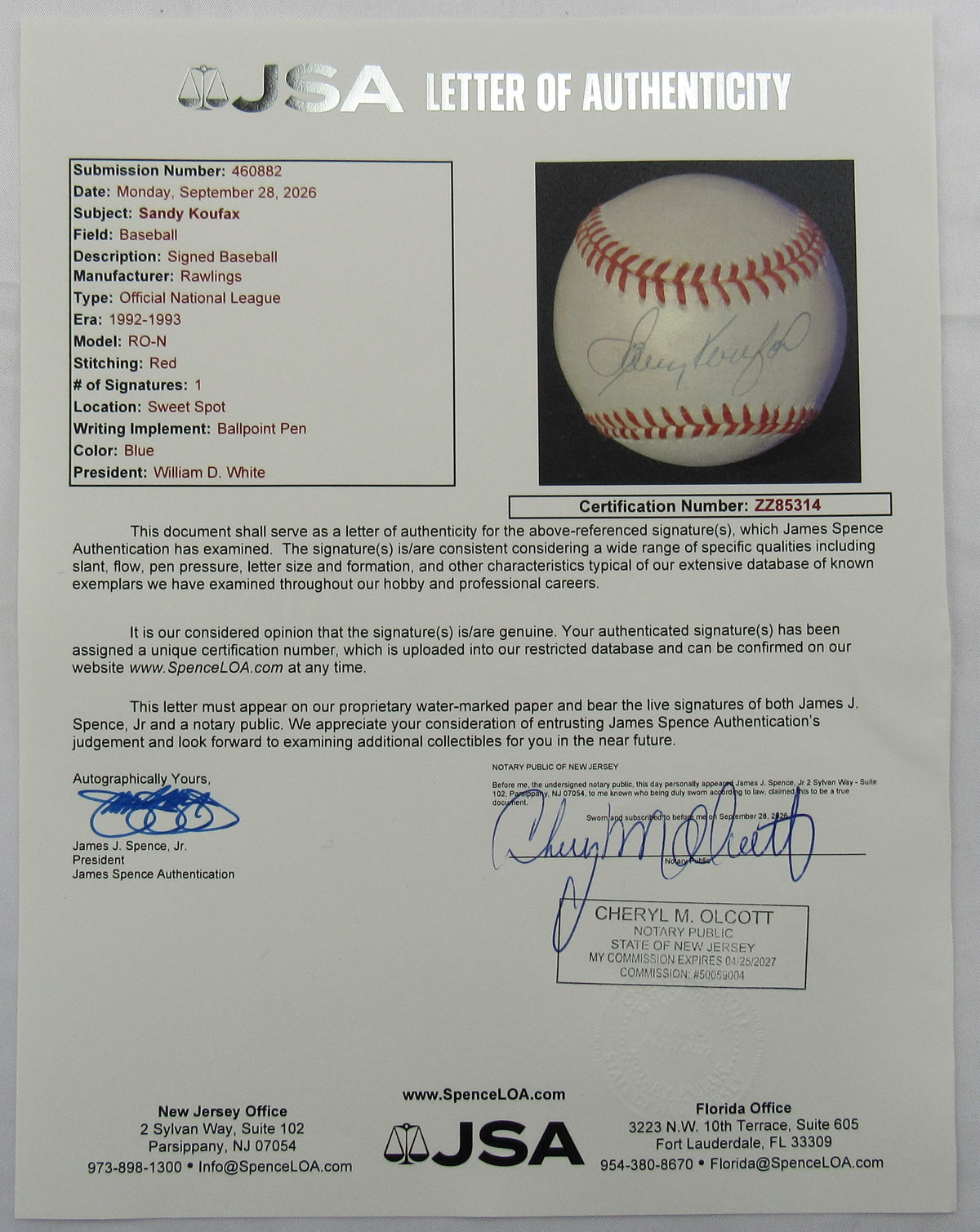 Sandy Koufax Signed Auto Rawlings Baseball JSA LOA ZZ85314