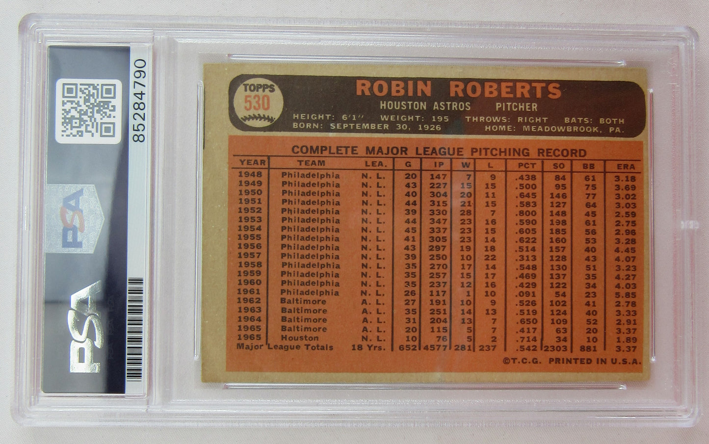 1966 Topps Robin Roberts Signed Auto Autograph Card PSA/DNA Encapsulated