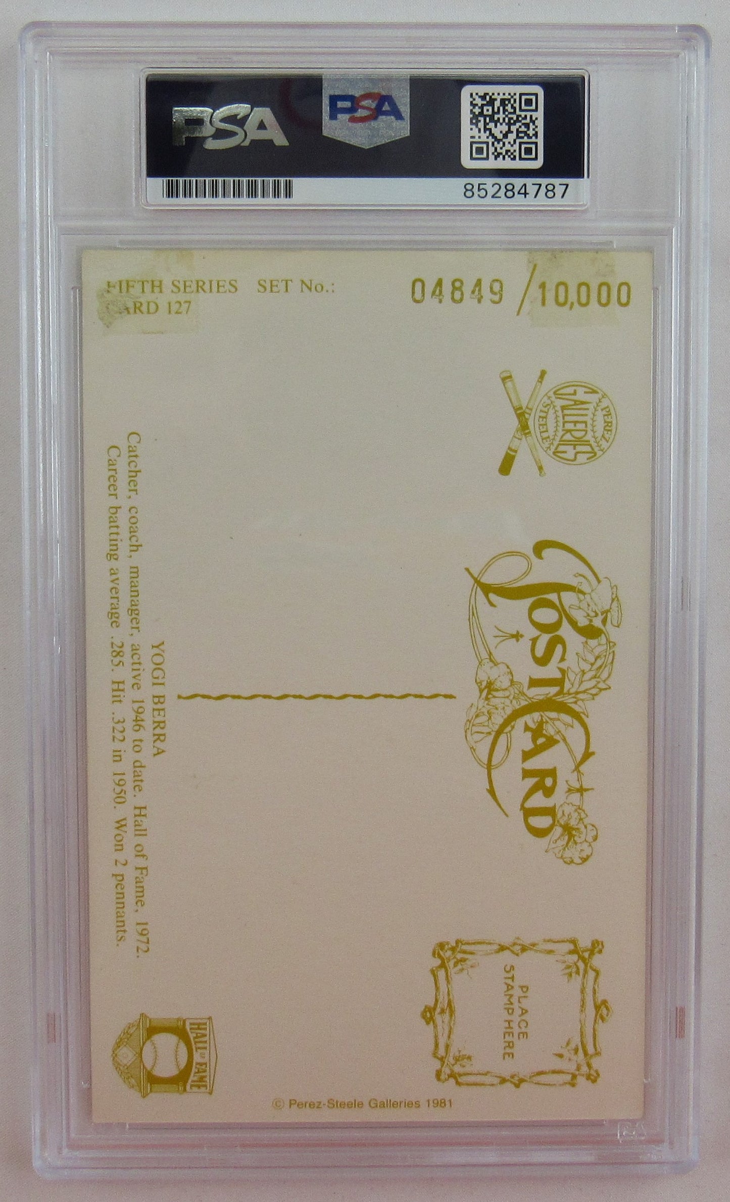 1981 Perez Yogi Berra Signed Auto Autograph Steele HOF Postcard #4849/10000 PSA/DNA Encapsulated