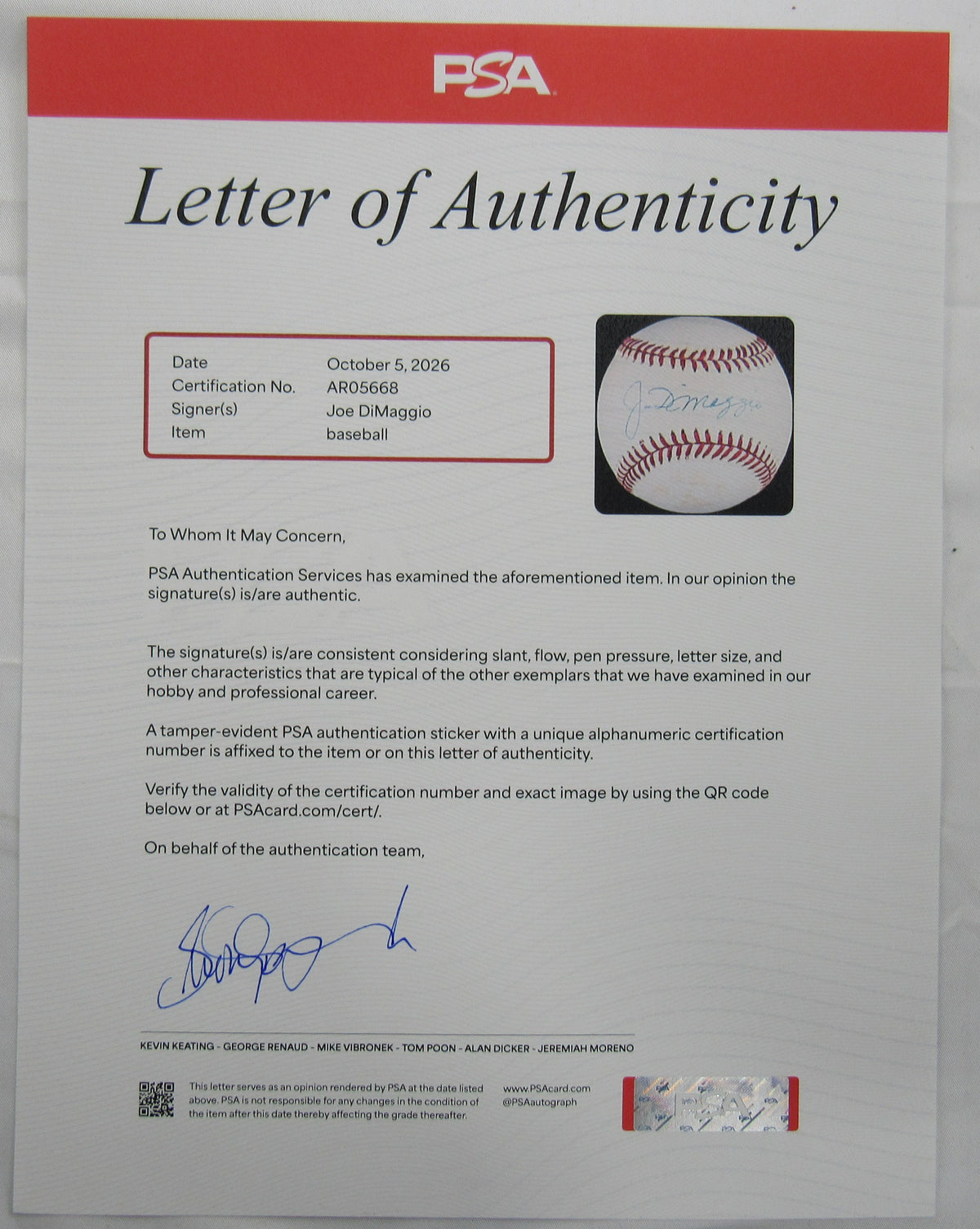 Joe DiMaggio Signed Auto Rawlings Baseball PSA LOA AR05668