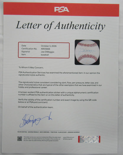 Joe DiMaggio Signed Auto Rawlings Baseball PSA LOA AR05668