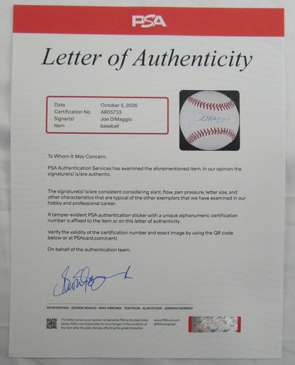 Joe DiMaggio Signed Auto Rawlings Baseball PSA LOA AR056733