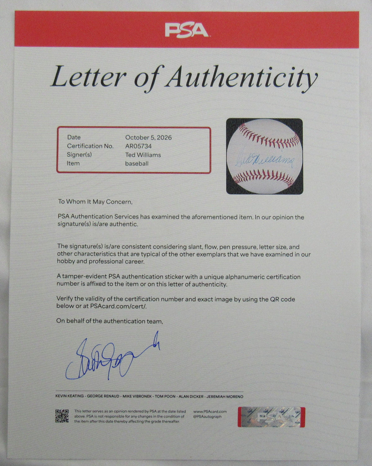 Ted Williams Signed Auto Rawlings Baseball PSA LOA AR056734