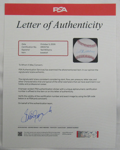 Ted Williams Signed Auto Rawlings Baseball PSA LOA AR056734